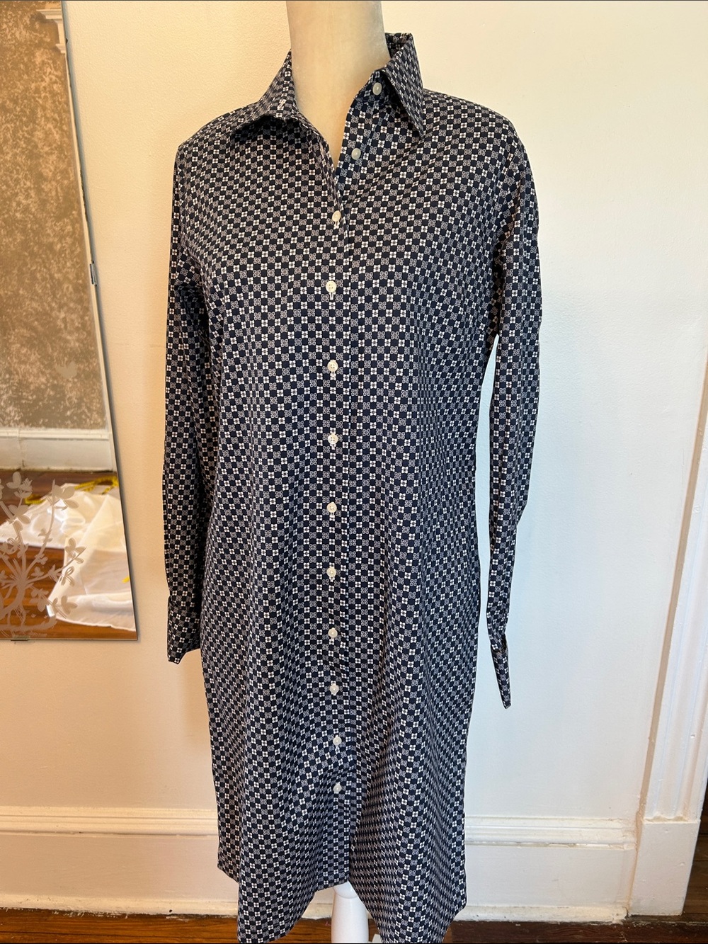 Brooks Brothers Navy and White Geometric Button-Down Shirt Dress